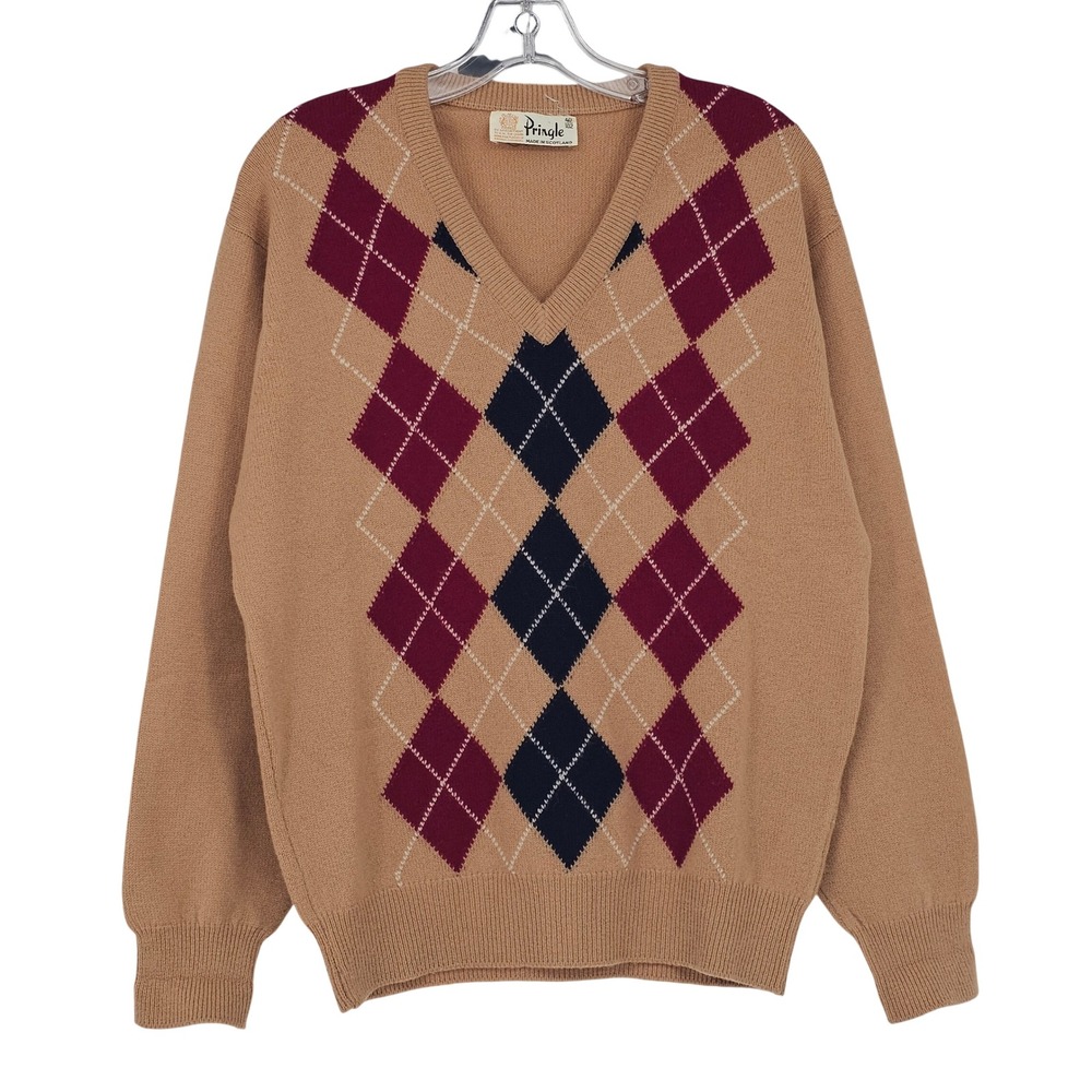 Vintage Pringle Argyle V-Neck Lambswool Sweater 40/M Tan Preppy Scottish 70s